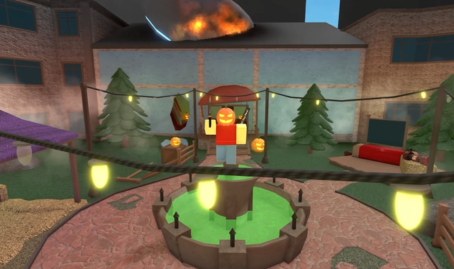 Roblox Halloween event scene with a glowing pumpkin avatar in a decorated lobby