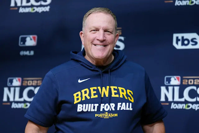 Milwaukee Brewers manager Pat Murphy in Brewers postseason gear, illustrating his leadership role
