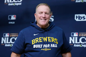 Milwaukee Brewers manager Pat Murphy in Brewers postseason gear, illustrating his leadership role