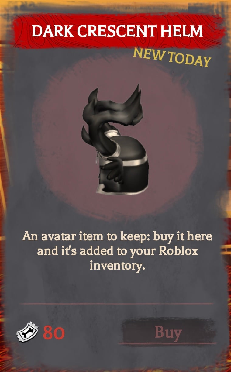 Dark Crescent Helm avatar item card in Roblox The Hollow, reported at 80 Tickets
