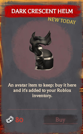 Dark Crescent Helm avatar item card in Roblox The Hollow, reported at 80 Tickets