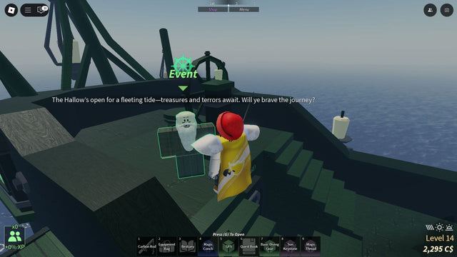 Historical Roblox Fisch Halloween event dialogue on a ghostly ship; featured image is not one of the five images in the article body