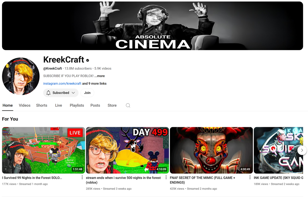 KreekCraft public YouTube channel page screenshot with Roblox videos, used only as creator-channel context