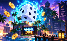 Anime Dice promotional image showing a glowing dice above the island game world