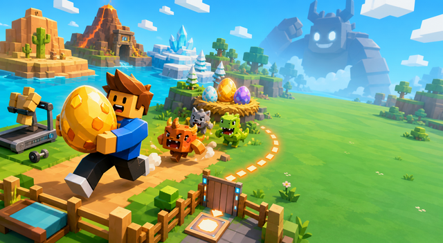 Steal An Egg Roblox gameplay-style cover showing a player carrying a golden egg across the game's biomes