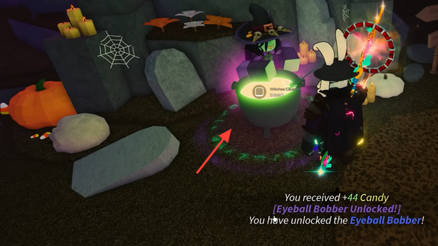 Historical Roblox FischFright screenshot showing a player receiving a reward at the witch's cauldron