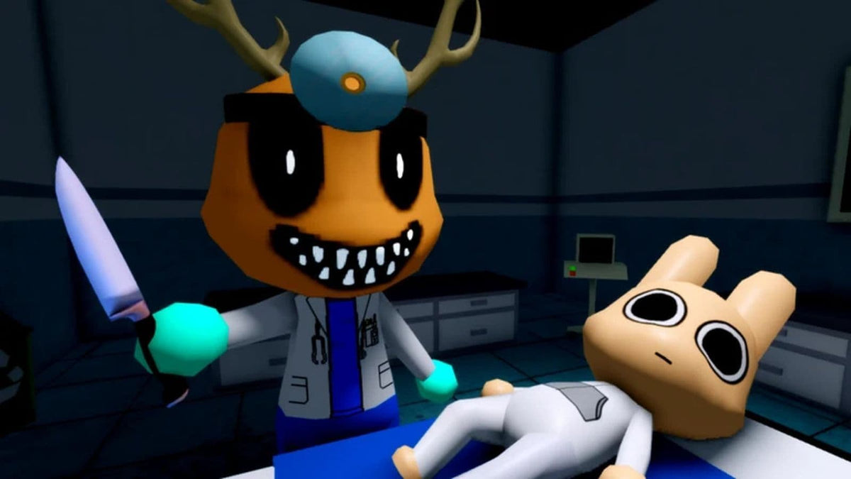 Halloween-themed Animal Hospital Roblox gameplay with a pumpkin-headed doctor