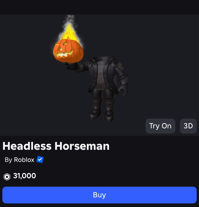 Classic Roblox Headless Horseman bundle shown at 31,000 Robux in Marketplace-style listing