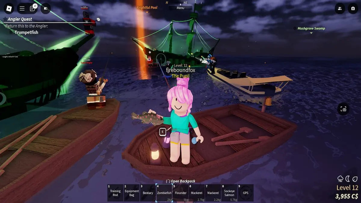 Roblox Fisch nighttime fishing near a Frightful Pool with boats and event lighting