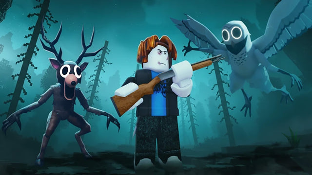 The Deer monster confronts Roblox survivor avatars in a foggy forest in 99 Nights in the Forest, one of the games featured in The Hollow event