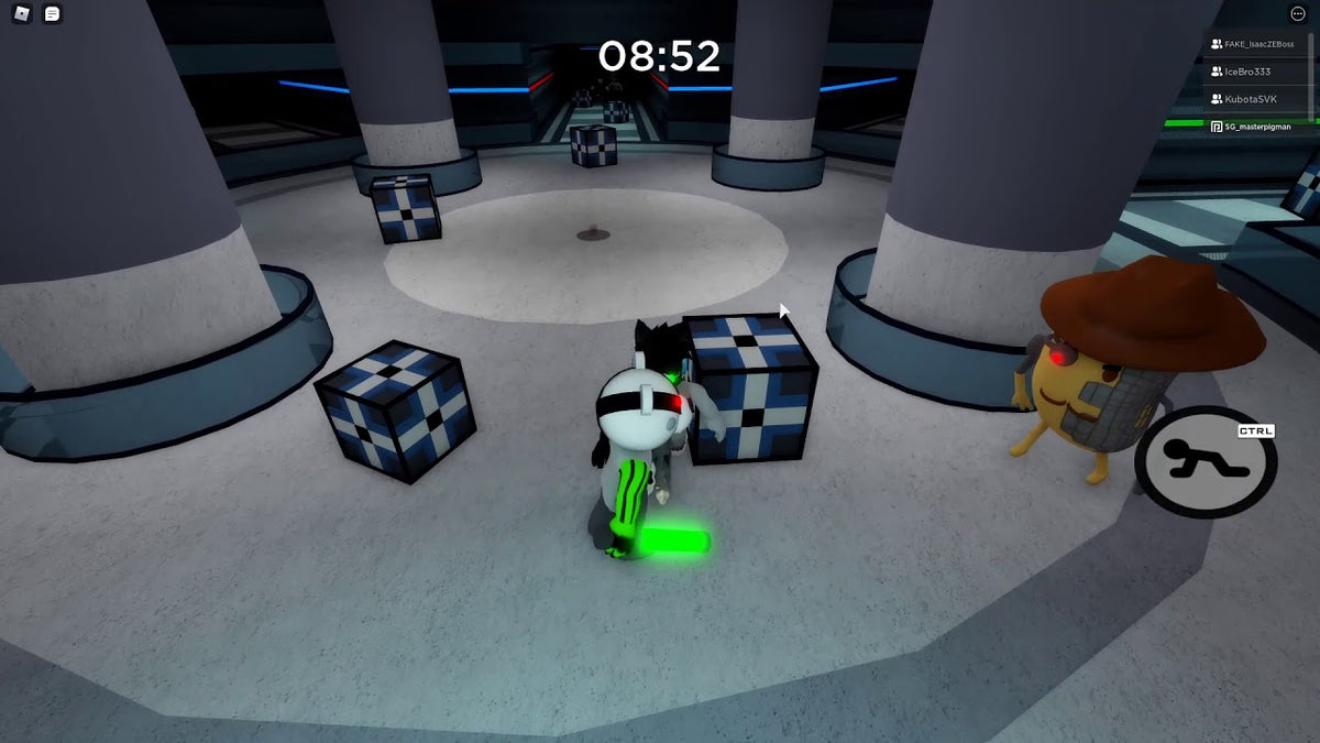 Roblox Piggy gameplay scene in a futuristic map with a character and timer