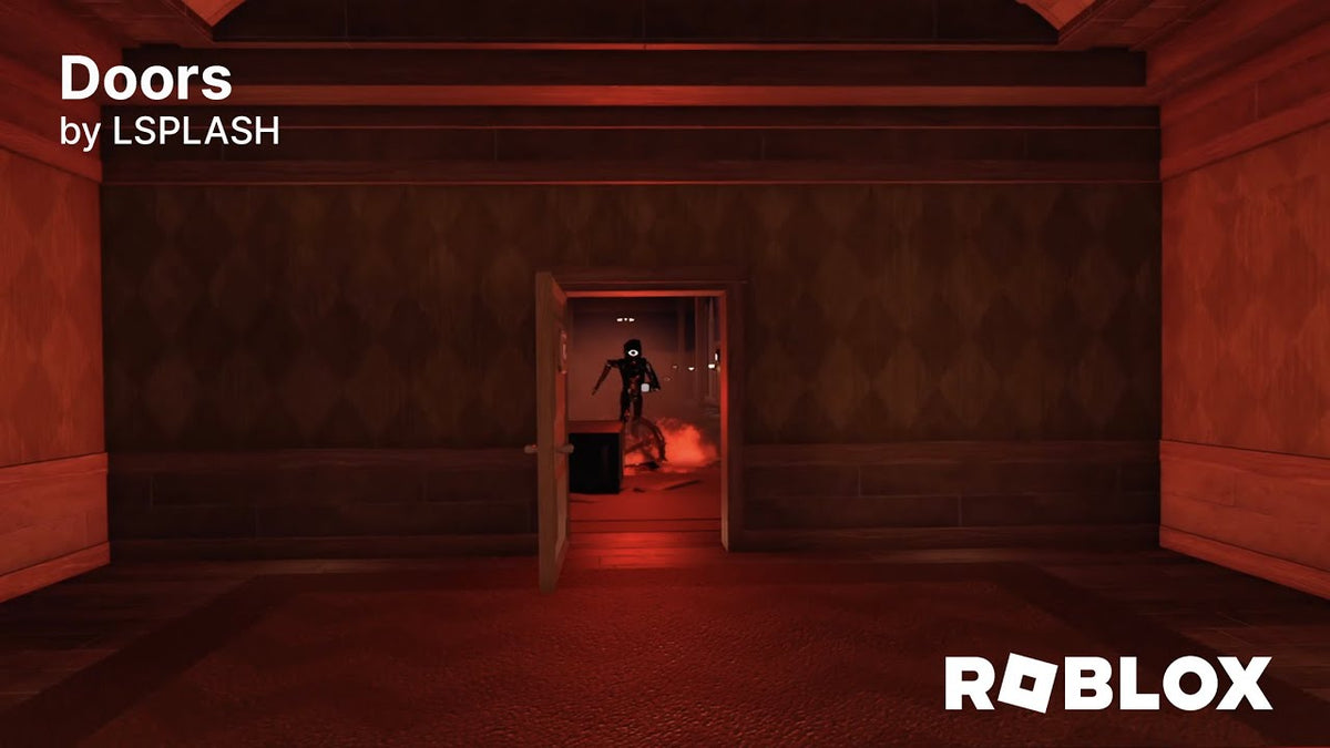DOORS Roblox horror corridor with a shadowy figure beyond an open door; illustrative footage, not Candy Vault 2026 gameplay