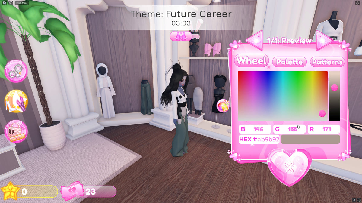 Dress To Impress avatar beside the skin color wheel and custom color controls