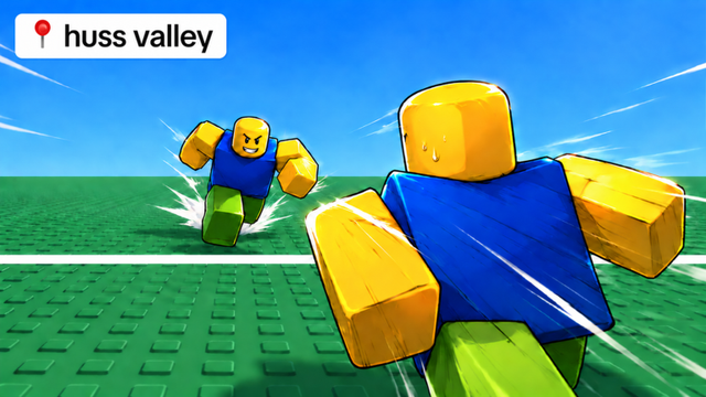 Huss Valley Roblox chase gameplay artwork showing a Runner and Chaser on a green arena