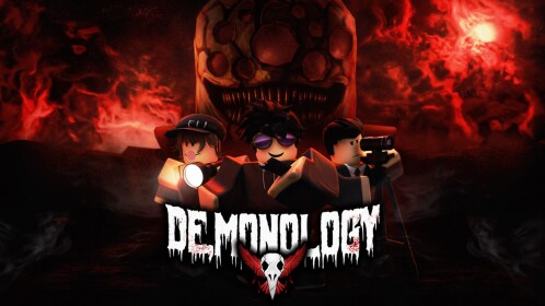 Roblox Demonology official game thumbnail featuring ghost hunters and a monster
