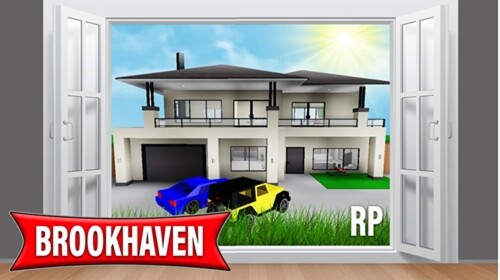 Brookhaven RP game thumbnail showing a house and vehicles