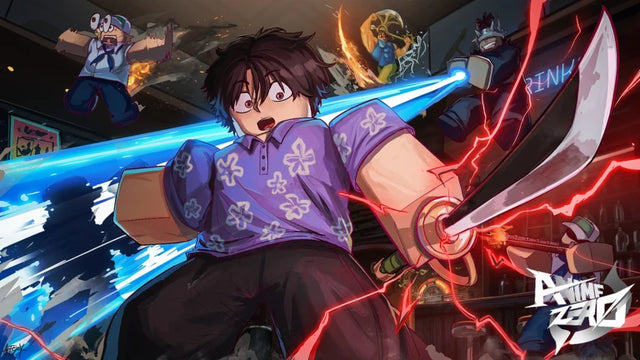 Anime Zero Roblox promotional artwork showing characters fighting with glowing sword and energy attacks