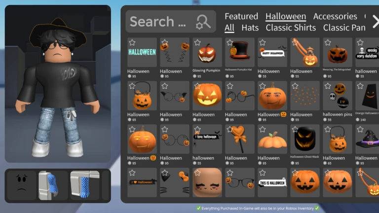 Roblox Halloween avatar catalog with seasonal accessories