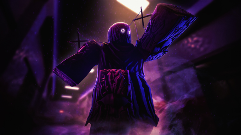 Demonology Halloween event artwork showing a dark scarecrow-like figure in purple light