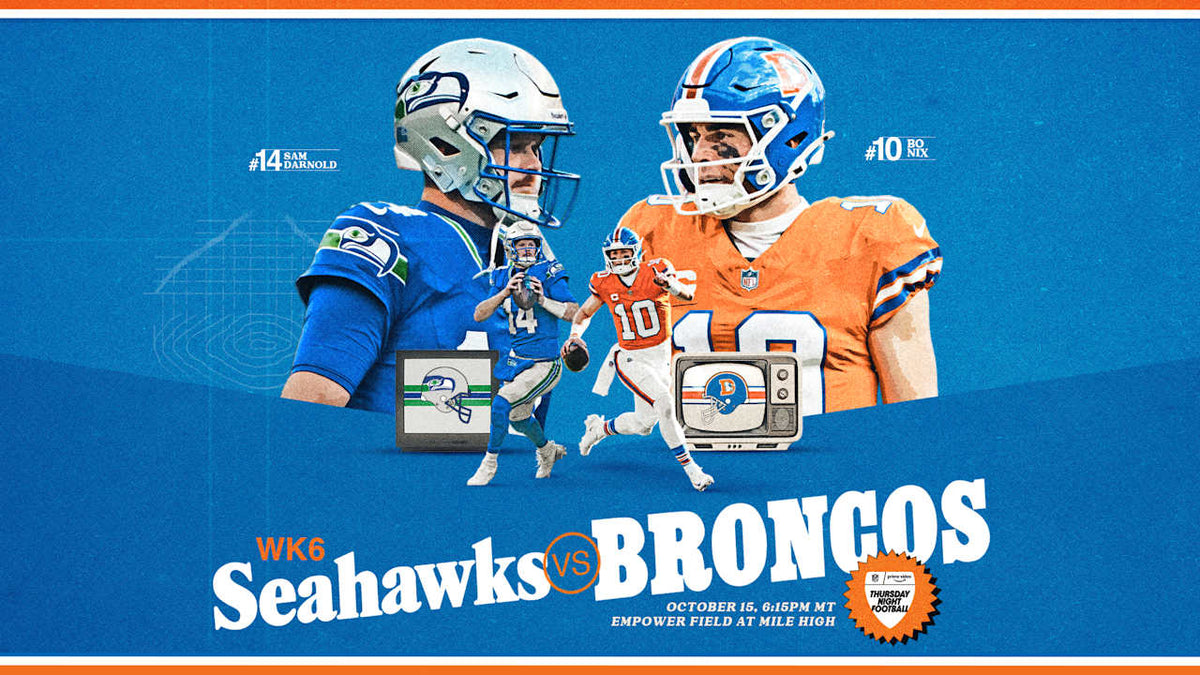 Official Broncos-Seahawks Week 6 matchup graphic featuring Bo Nix and Sam Darnold