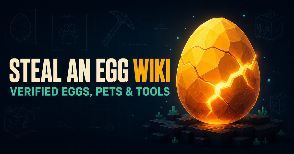 Steal An Egg guide artwork with a glowing golden egg and collection-themed graphics
