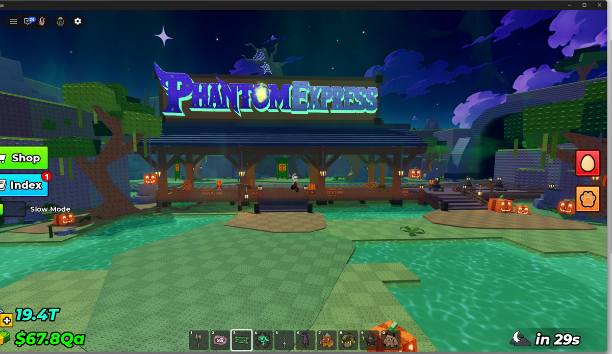 Steal An Egg Halloween Dimension Phantom Express station with glowing signs and pumpkins