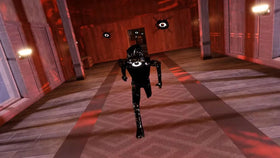 Seek, the black one-eyed monster, charging through a dark hallway in Roblox DOORS