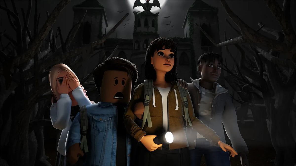 Roblox-style avatars exploring a dark forest, used as general horror-game editorial artwork