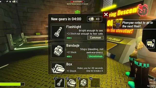 Roblox horror-game gear shop interface with a bandage item, used only as general context for checking item prices