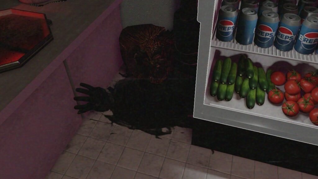 The Inspector emerging beside a fridge in the original Scary Shawarma Kiosk game, context only; not The Hollow footage