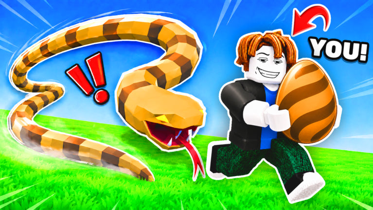 Official Steal An Egg promotional artwork showing a Roblox avatar carrying an egg as a snake approaches