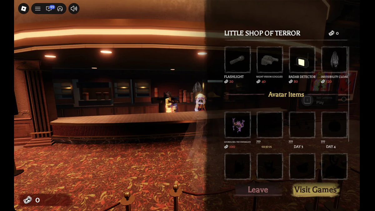 The Hollow Roblox event shop showing ticket tools and avatar items in the event hub