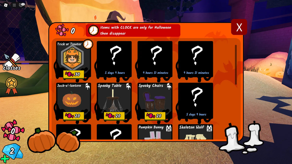 99 Nights in the Forest Halloween shop showing seasonal rewards and item countdown icons