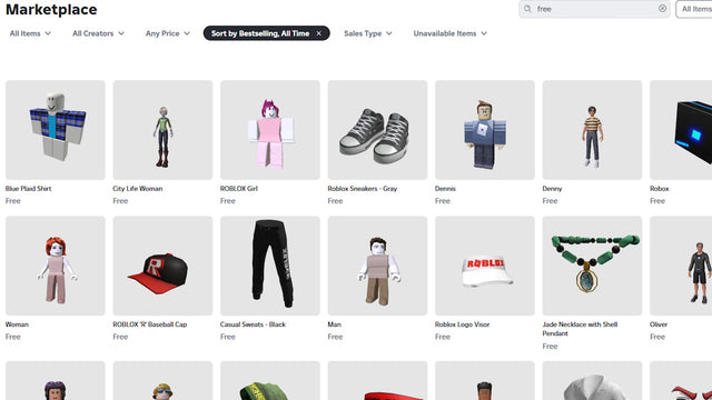 Roblox Marketplace interface showing avatar items and free-price filters; illustrative, not a screenshot of the reported 175 Robux offer