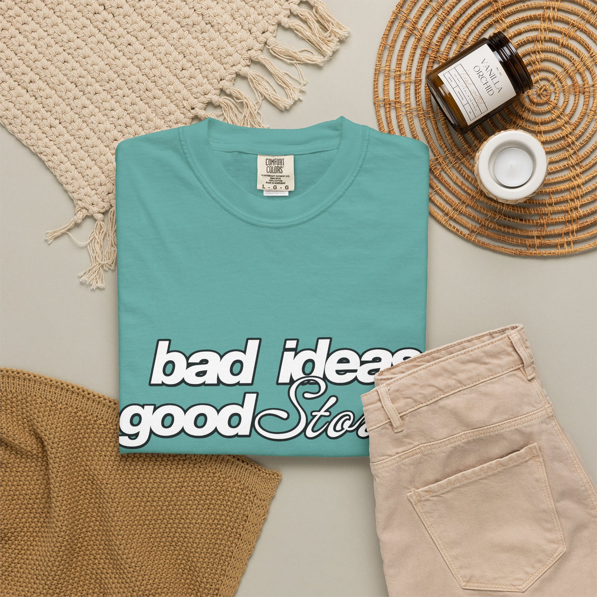 T-Shirt — “bad ideas good stories” Retro Script Tee