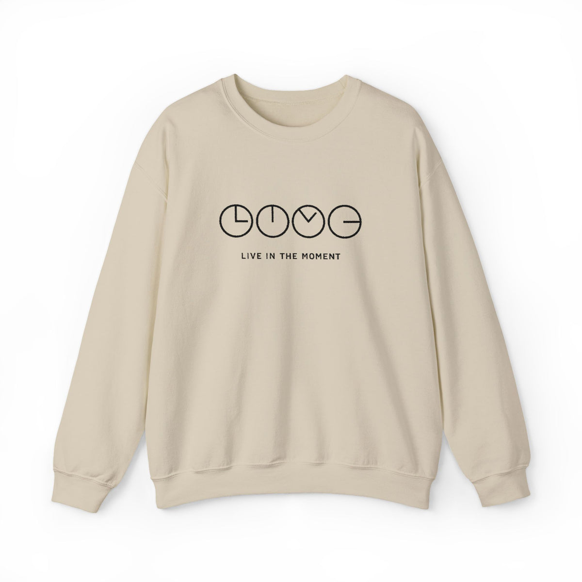 Live In The Moment Crewneck Sweatshirt — Minimal Clock Graphic Embroidered