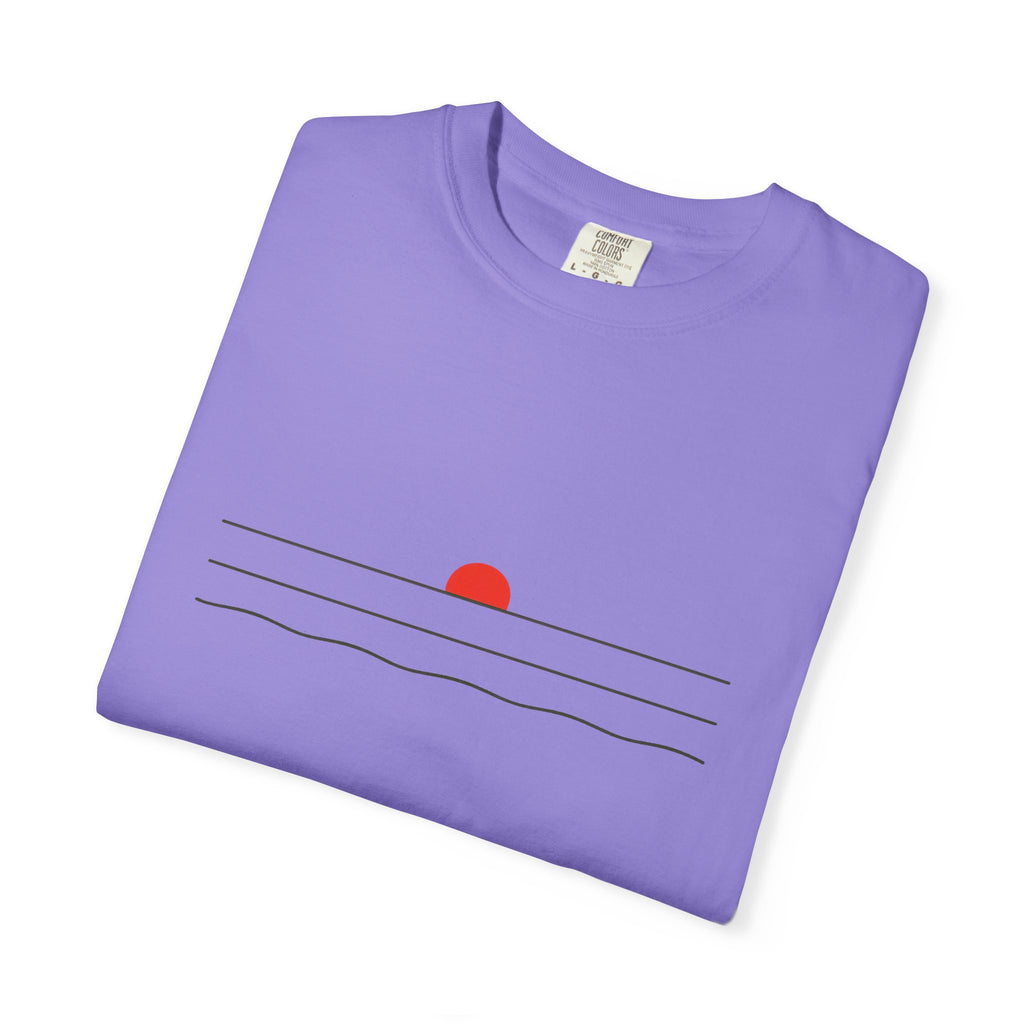 Sunset Minimalist T-Shirt — Red Sun Over Wavy Lines Tee