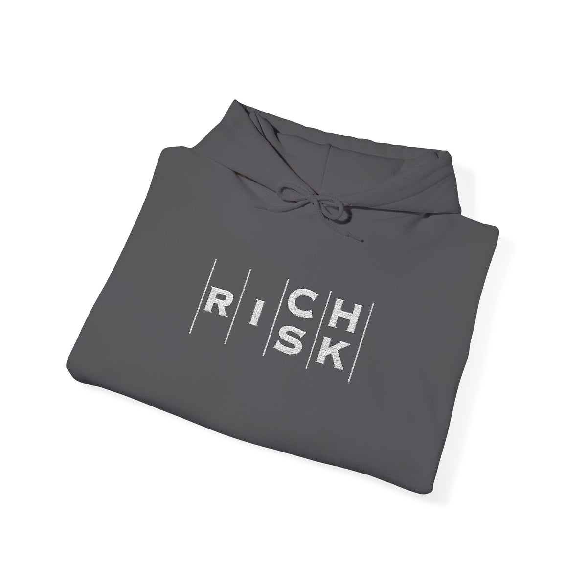 Risk/Reward Graphic Hoodie — “RISK | RICH” Distressed Text Sweatshirt