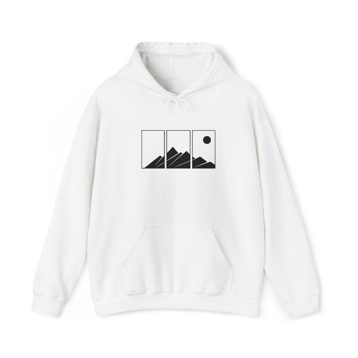Mountain Triptych Hoodie — Minimalist Scenic Graphic Pullover Embroidered