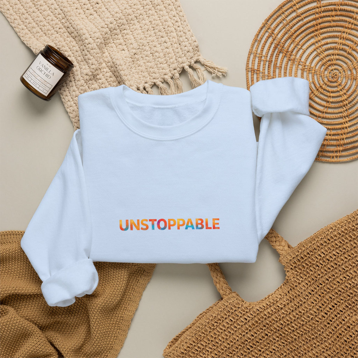 Unstoppable Crewneck Sweatshirt — Inspirational Rainbow Text Pullover