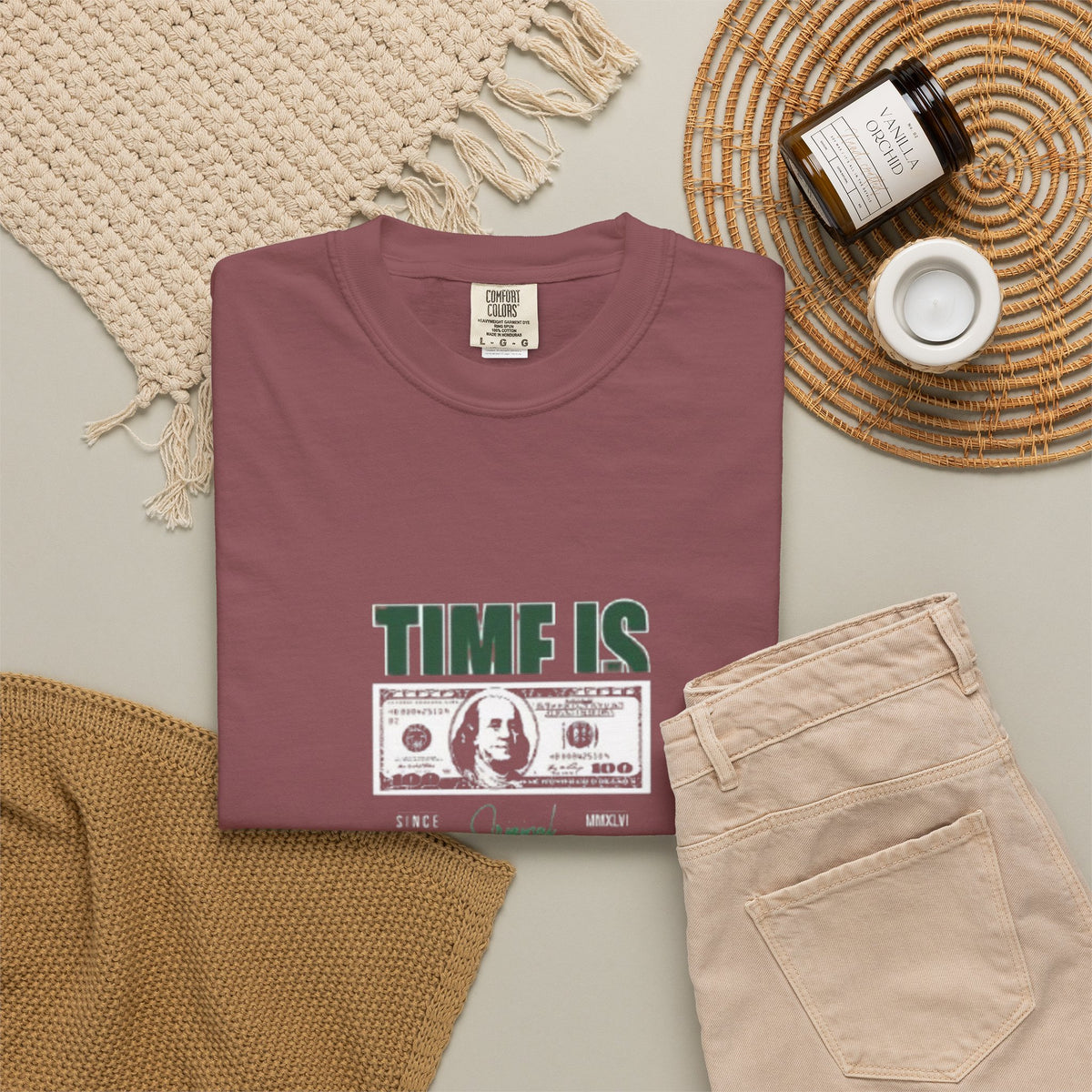 Money Vibe T-Shirt — "TIME IS" Graphic Dollar Bill Tee