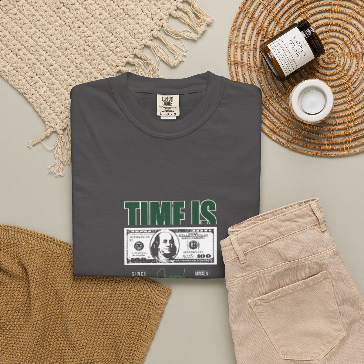 Money Vibe T-Shirt — "TIME IS" Graphic Dollar Bill Tee