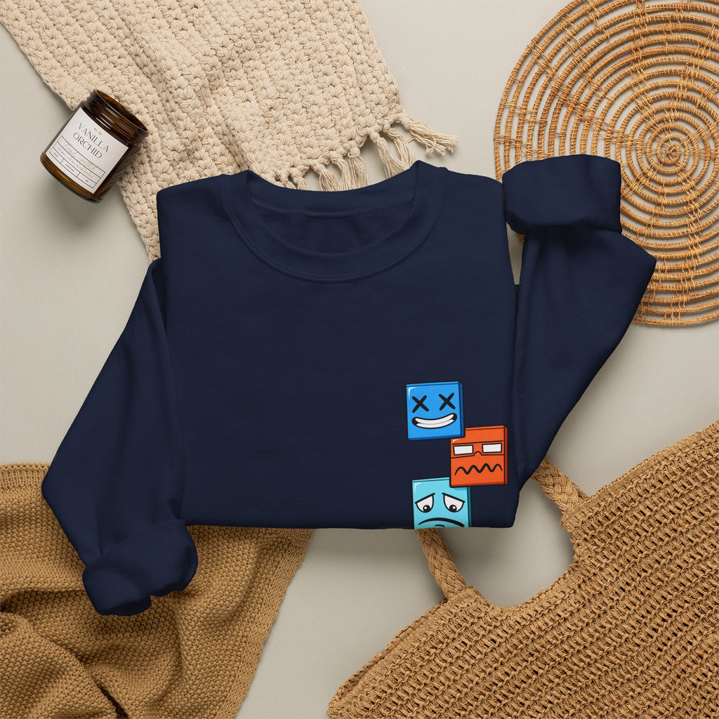 Emotional Blocks Crewneck Sweatshirt — Stacked Expressive Face Cubes Graphic