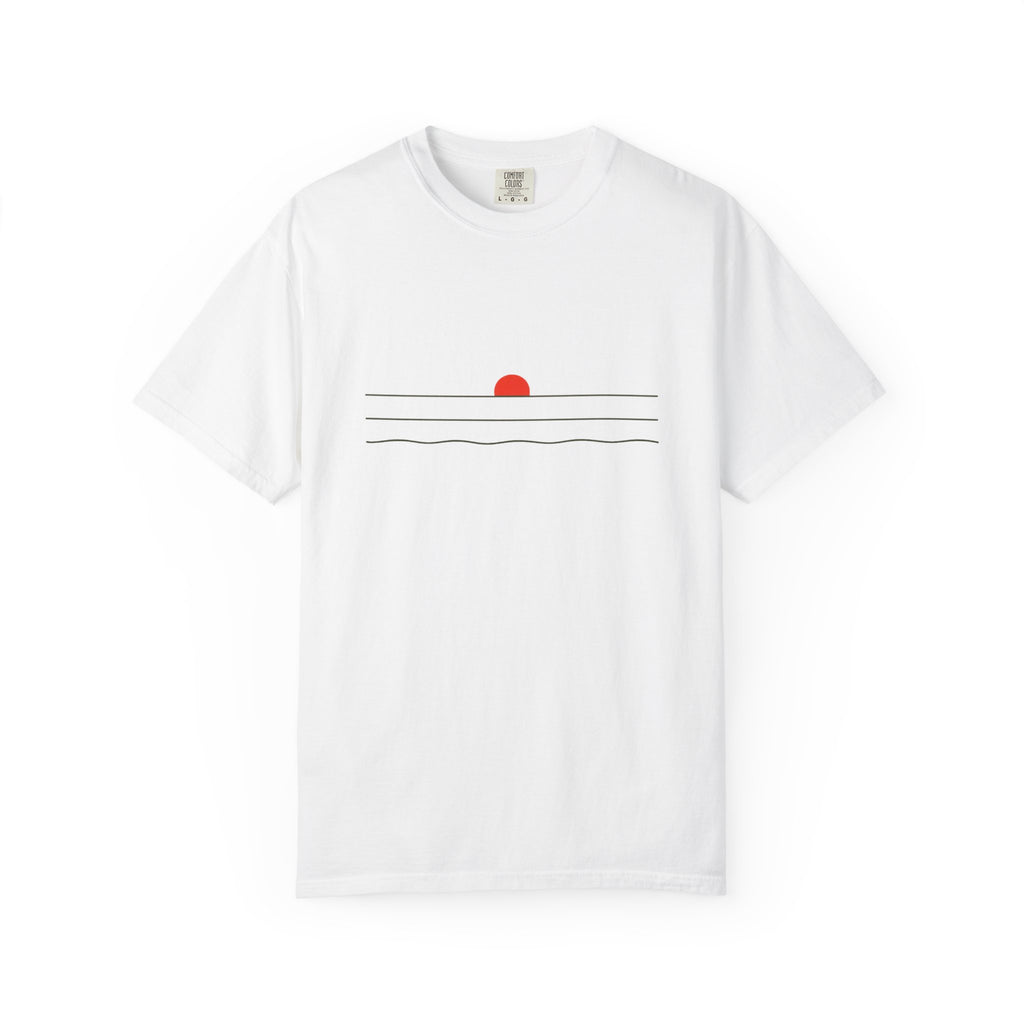 Sunset Minimalist T-Shirt — Red Sun Over Wavy Lines Tee