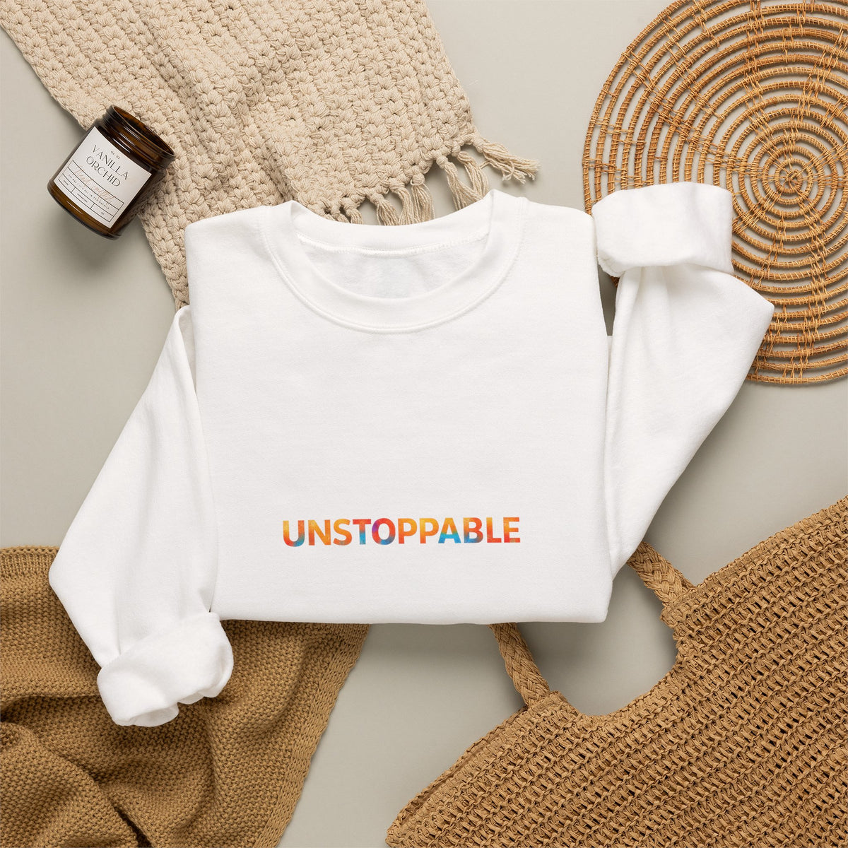 Unstoppable Crewneck Sweatshirt — Inspirational Rainbow Text Pullover