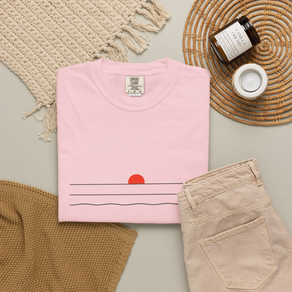 Sunset Minimalist T-Shirt — Red Sun Over Wavy Lines Tee