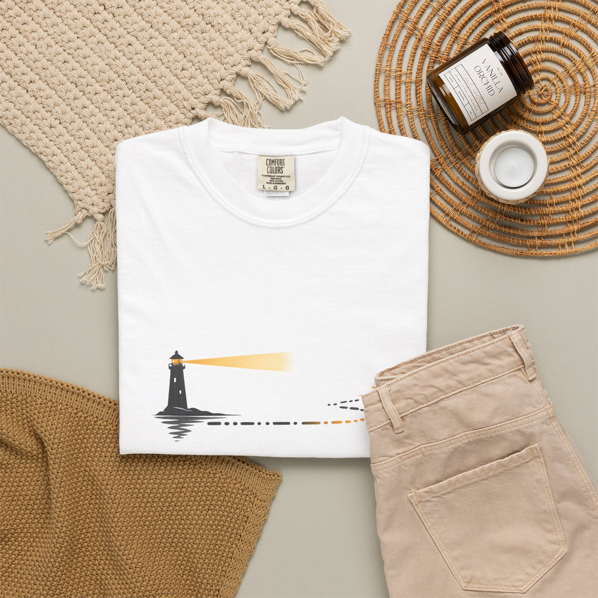 Lighthouse Sunset T-Shirt — Nautical Coastal Tee with Beacon Graphic