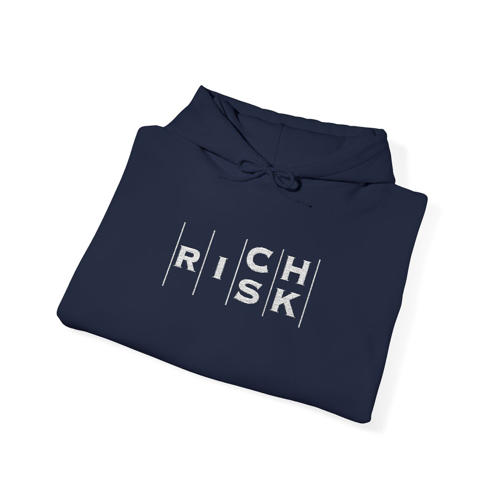 Risk/Reward Graphic Hoodie — “RISK | RICH” Distressed Text Sweatshirt