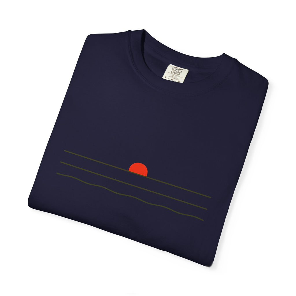 Sunset Minimalist T-Shirt — Red Sun Over Wavy Lines Tee