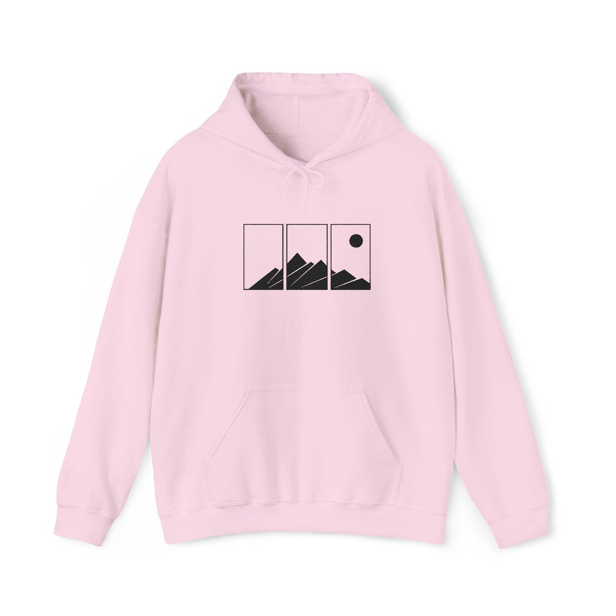 Mountain Triptych Hoodie — Minimalist Scenic Graphic Pullover Embroidered